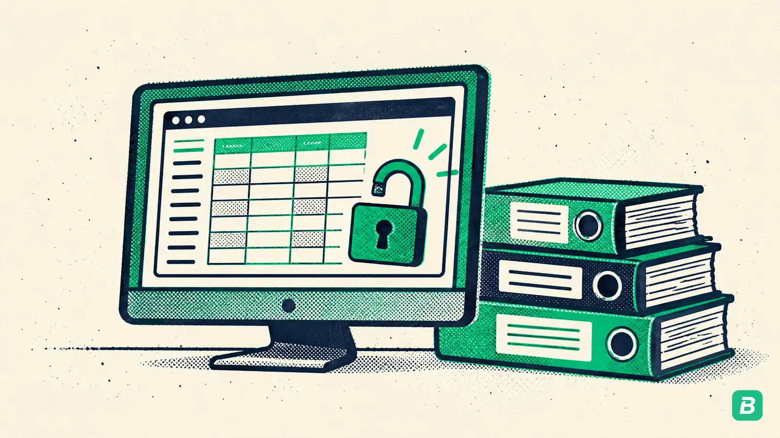 A desktop ledger with an open padlock next to thick manuals