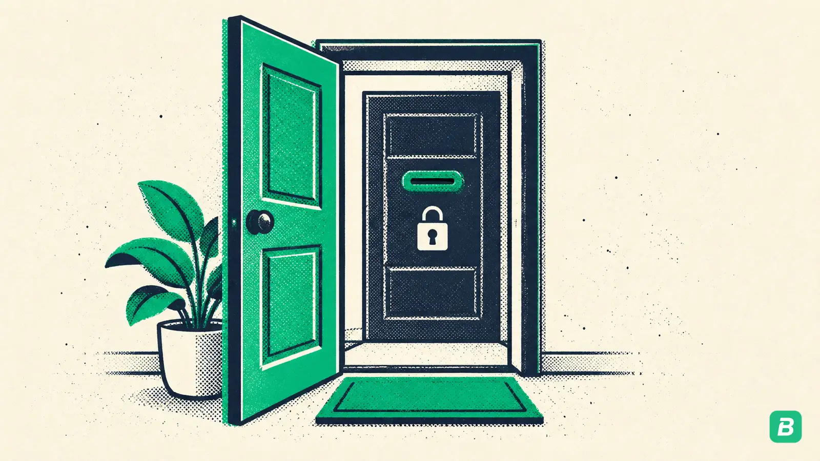 An open front door leading to a second locked door with a coin slot
