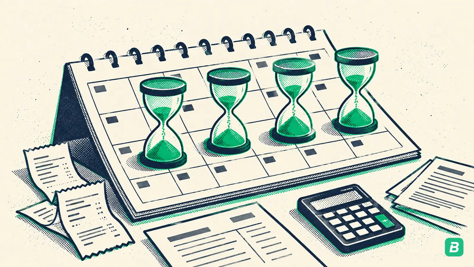 Four hourglasses on a month page, four hours of bookkeeping