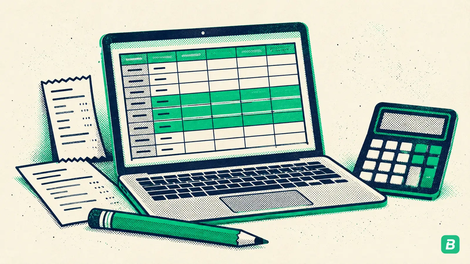 A spreadsheet on a laptop with a pencil and calculator