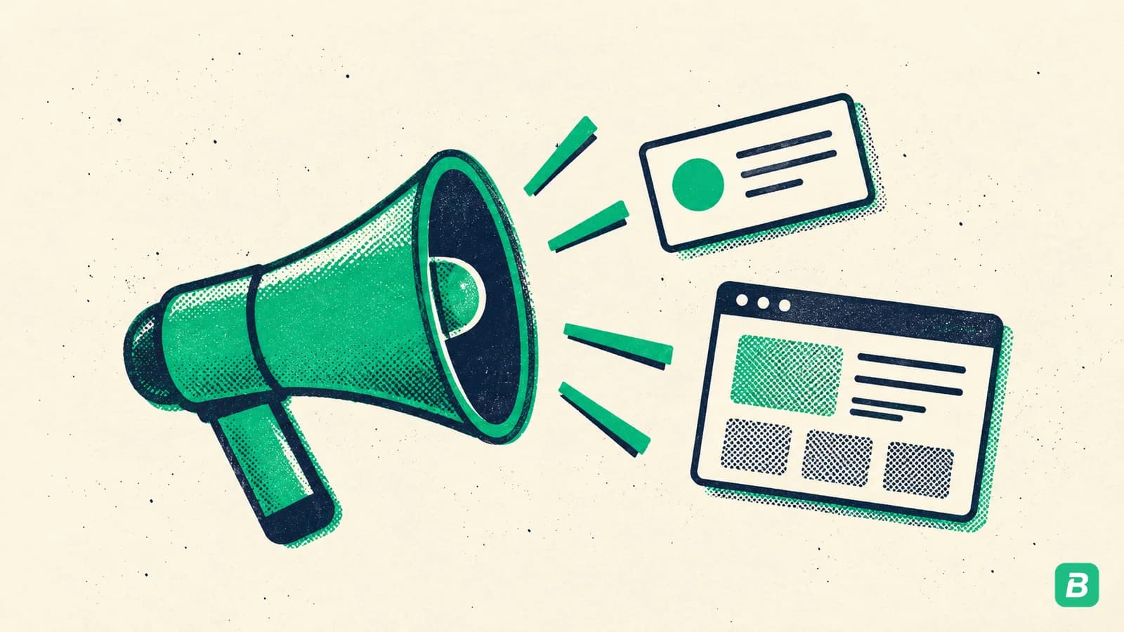 A megaphone sending out a business card and a web page