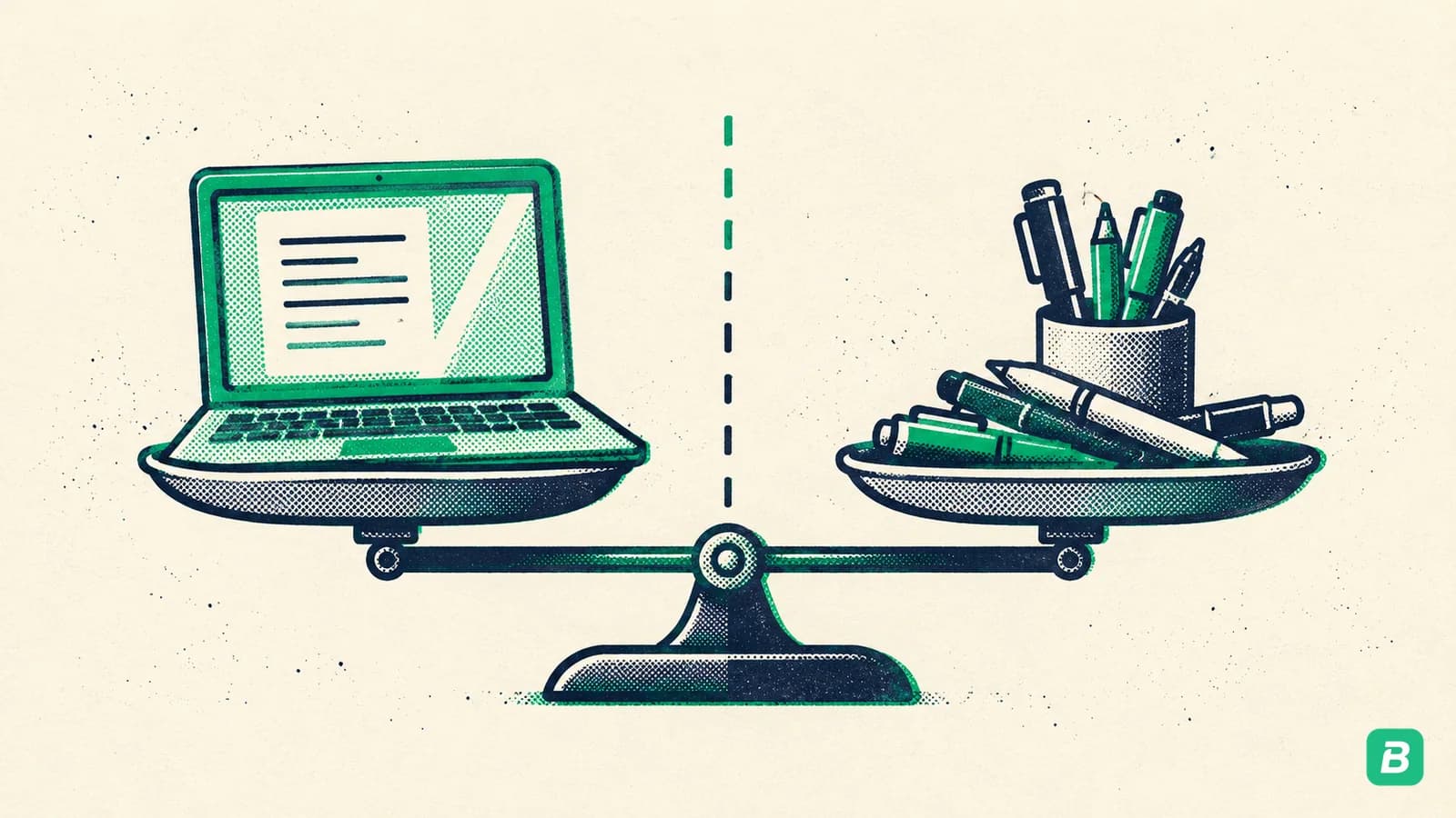 A laptop and a pile of pens on either side of a dividing line