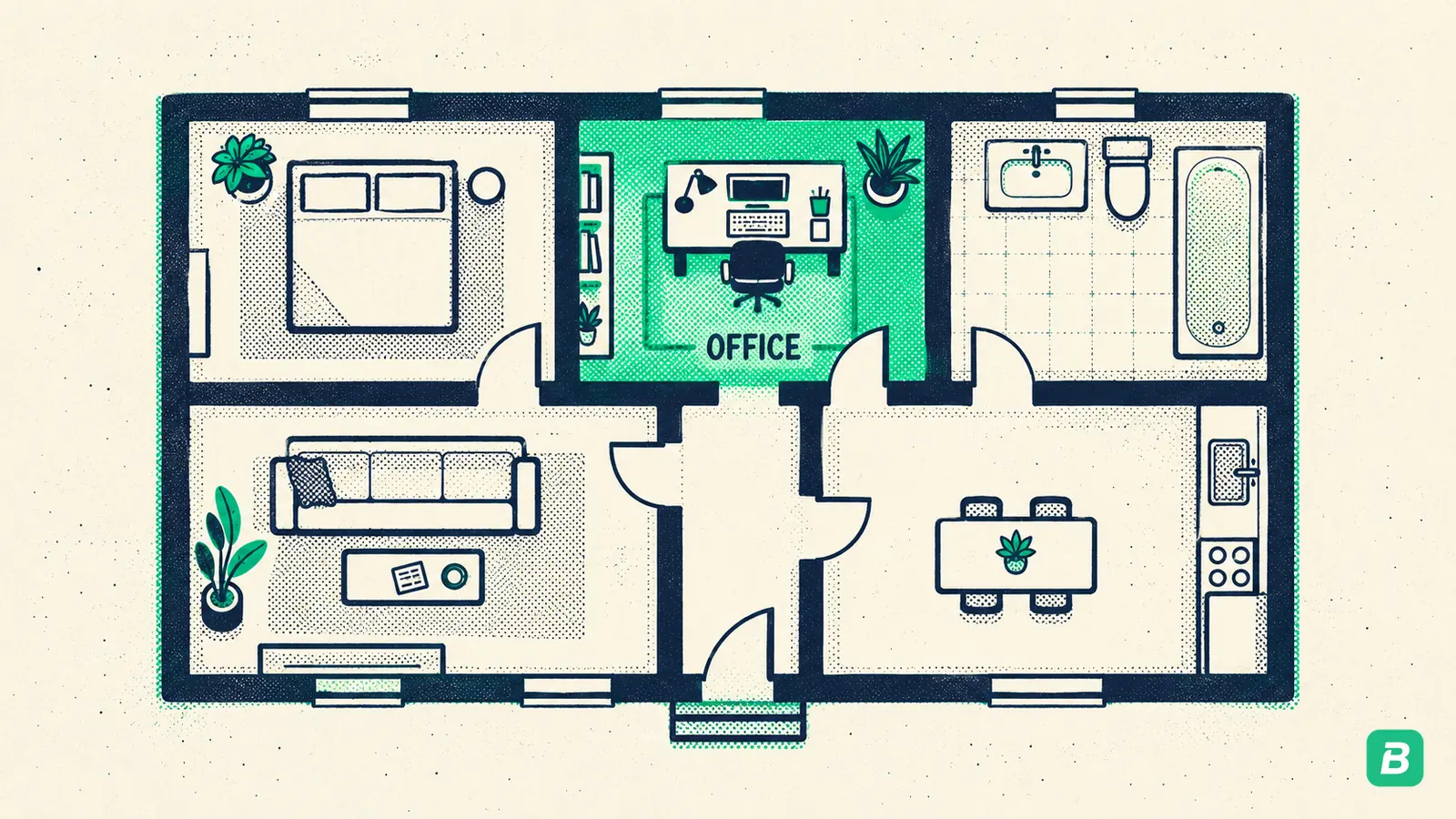 A home floor plan with the office room shaded