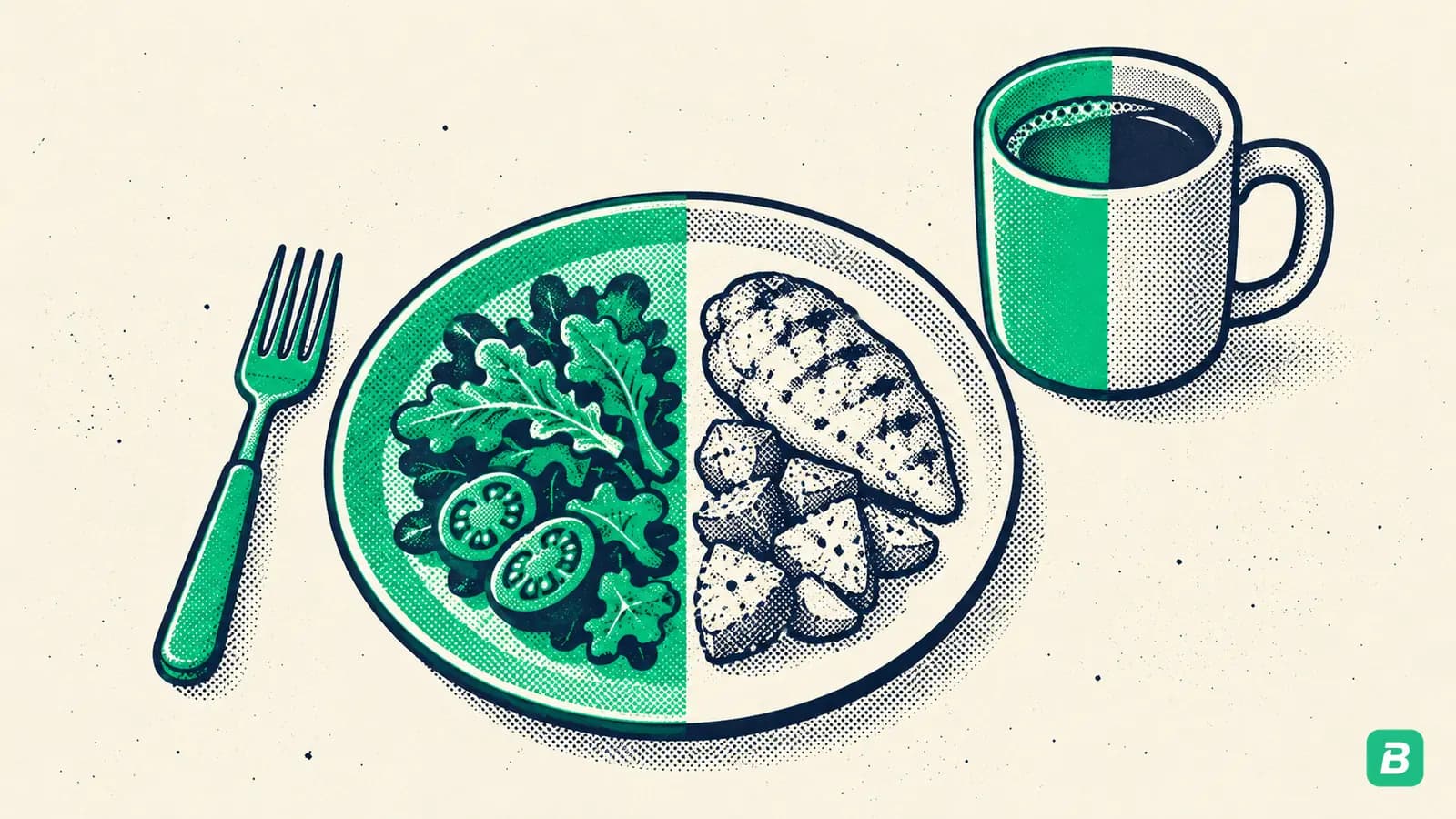 A meal split in half, the deductible half emerald