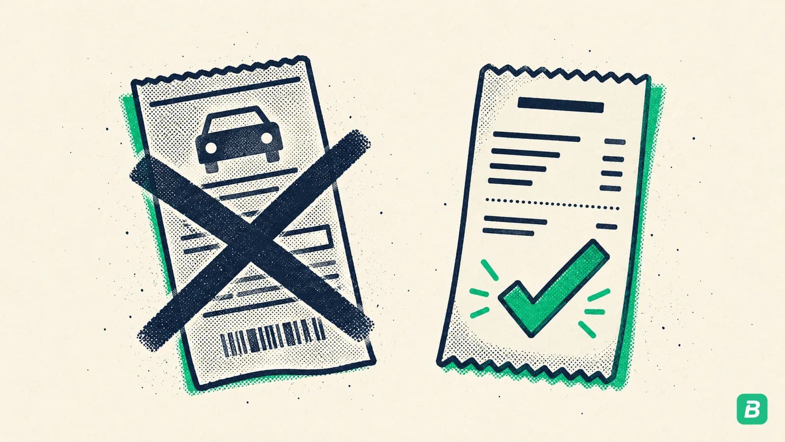 A crossed-out parking ticket next to an approved receipt