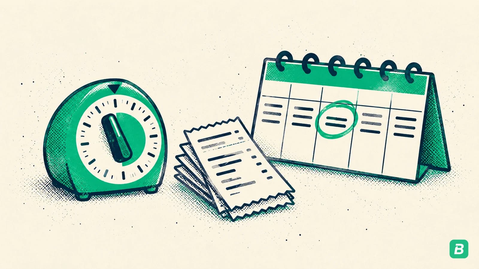 A timer, a short receipt stack and a circled day of the week
