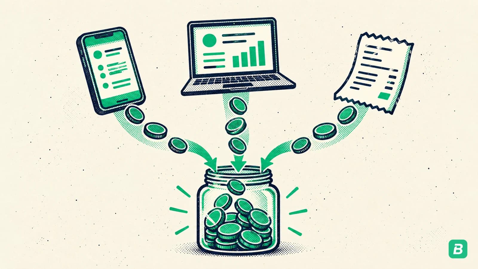 Income streams from several sources merging into one jar
