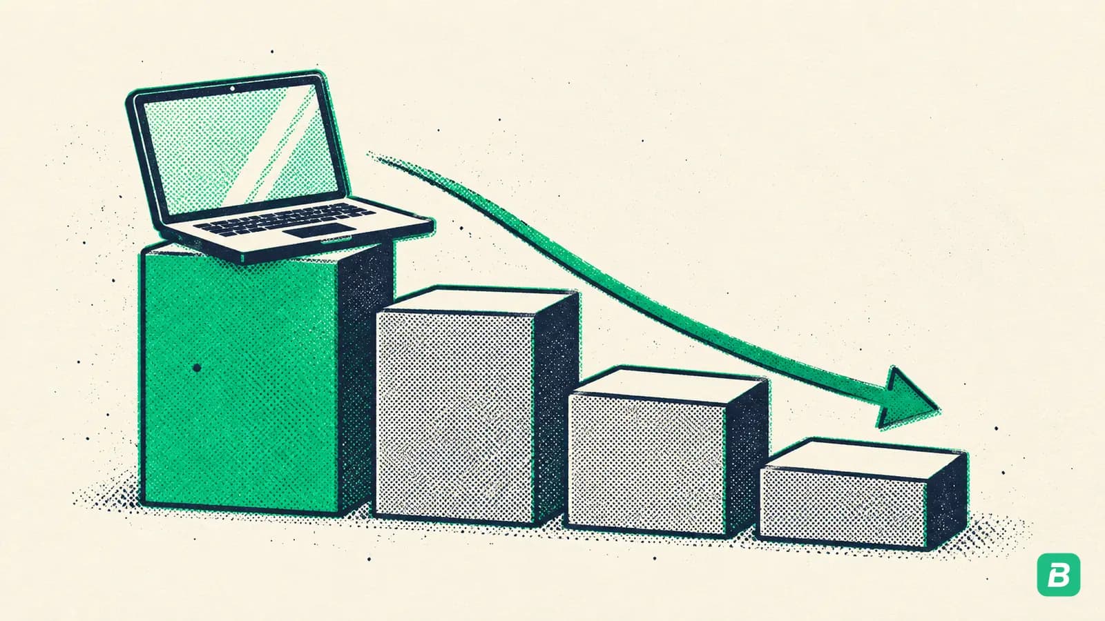 A laptop on descending blocks showing depreciation over years