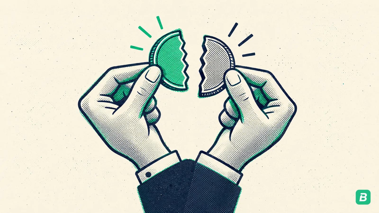 Two hands from one sleeve holding both halves of a coin