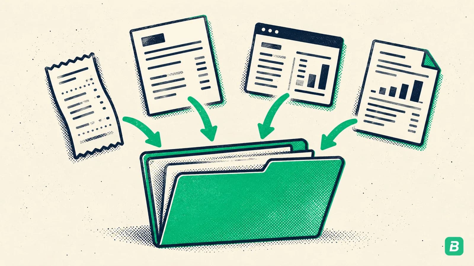 An open folder collecting slips, statements and receipts