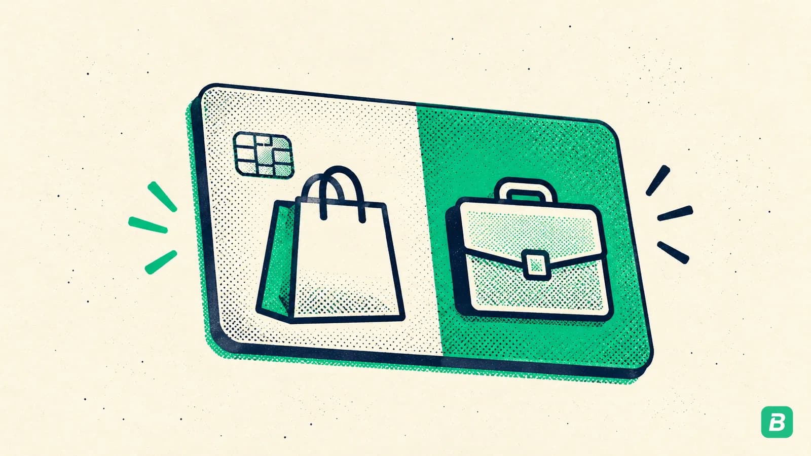 A bank card split between personal shopping and business