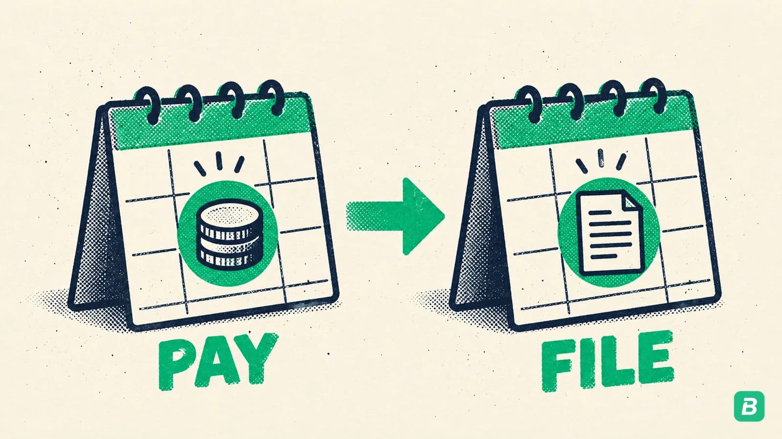 Two calendar pages: pay first, file later