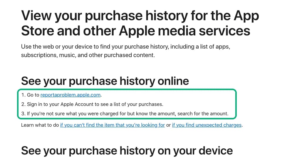 Apple support article View your purchase history with the three steps to see purchase history online ringed