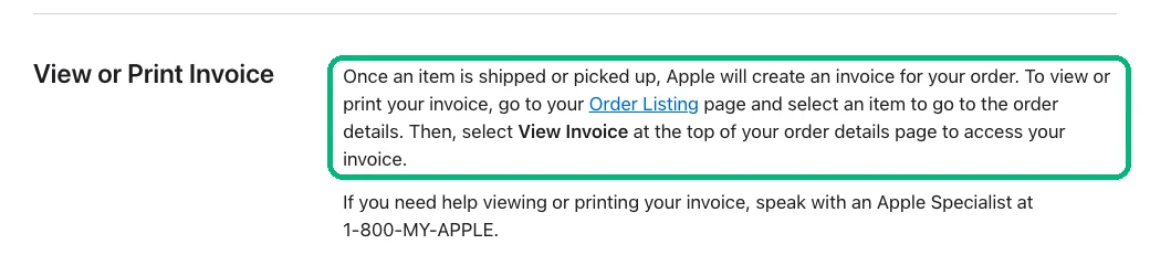Apple shopping help section View or Print Invoice with the steps to open the invoice from the Order Listing page ringed