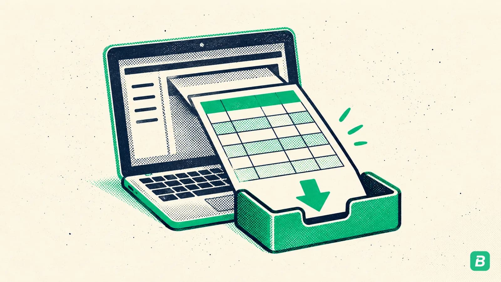 A spreadsheet download sliding out of a laptop