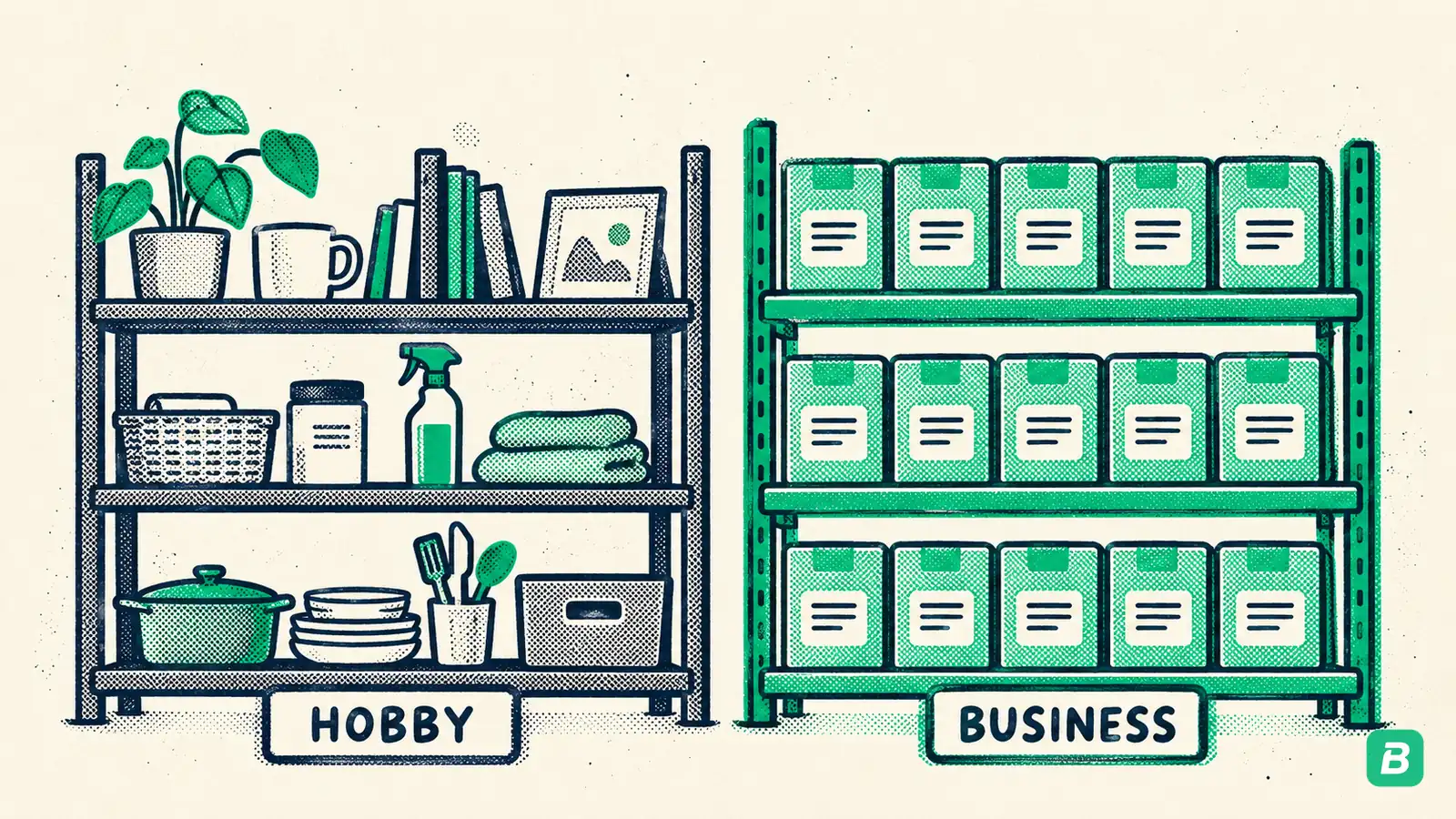A shelf of household items beside a shelf of business stock