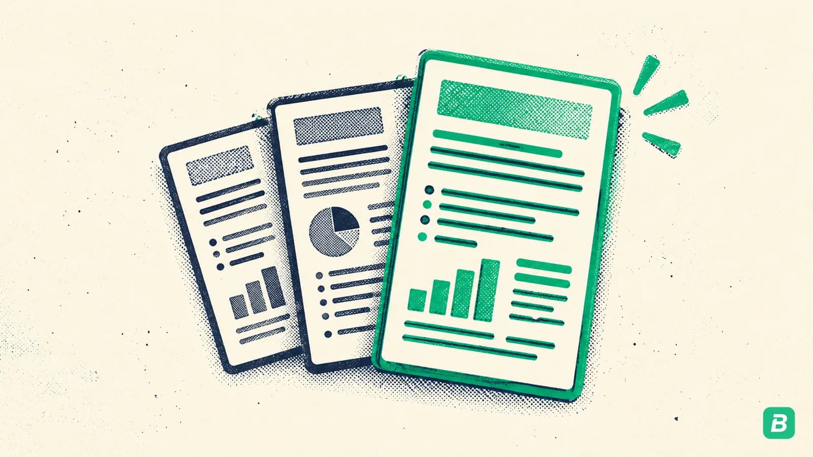 Three report sheets fanned out, the most detailed one highlighted