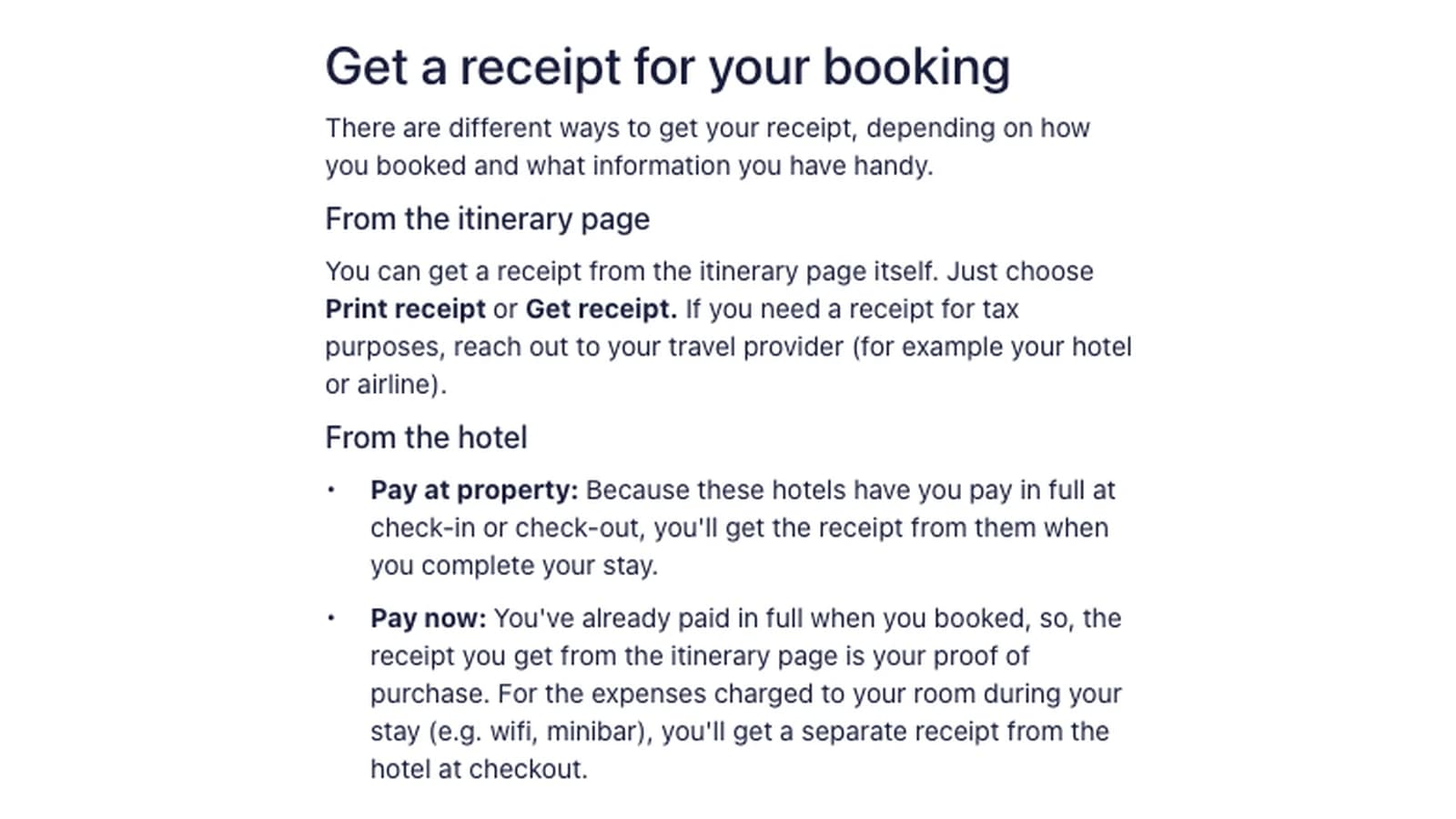 Expedia help article Get a receipt for your booking, showing the itinerary page and hotel sections