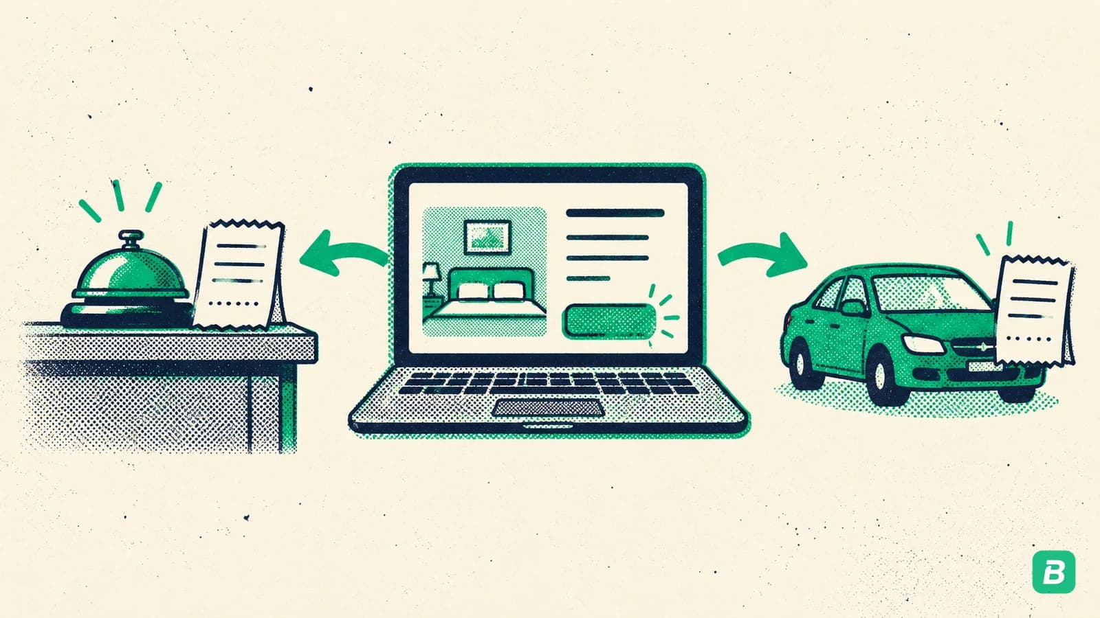 A booking page on a laptop with arrows to a hotel desk bell and a car, each with its own receipt