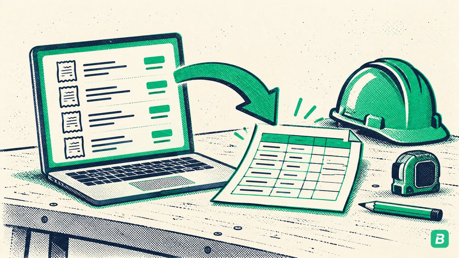 A laptop list of receipts with a green download arrow to a spreadsheet page on a work bench next to a hard hat