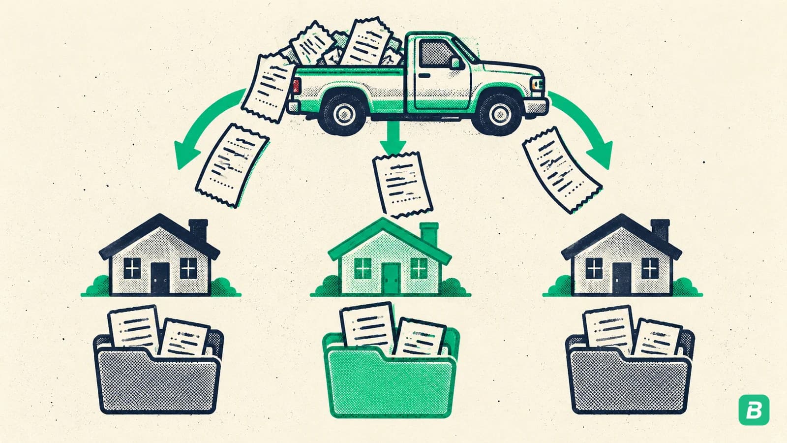 A pickup truck dropping receipts along arrows into three folders, one under each of three houses