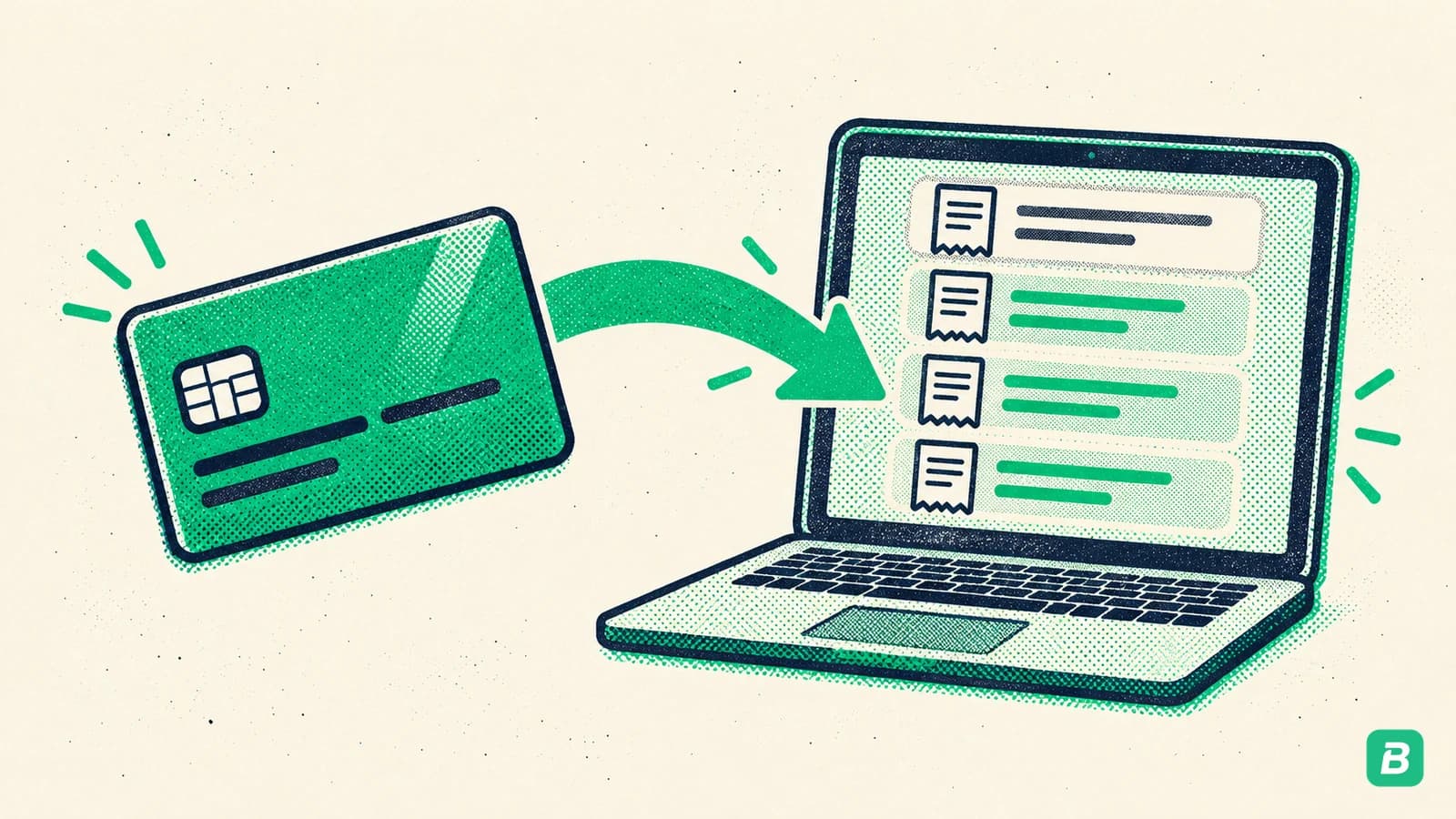 A bank card with a green arrow into a laptop whose list of receipt rows turns green