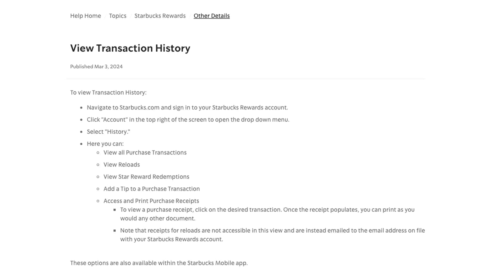 Starbucks help article View Transaction History listing the sign-in, Account and History steps