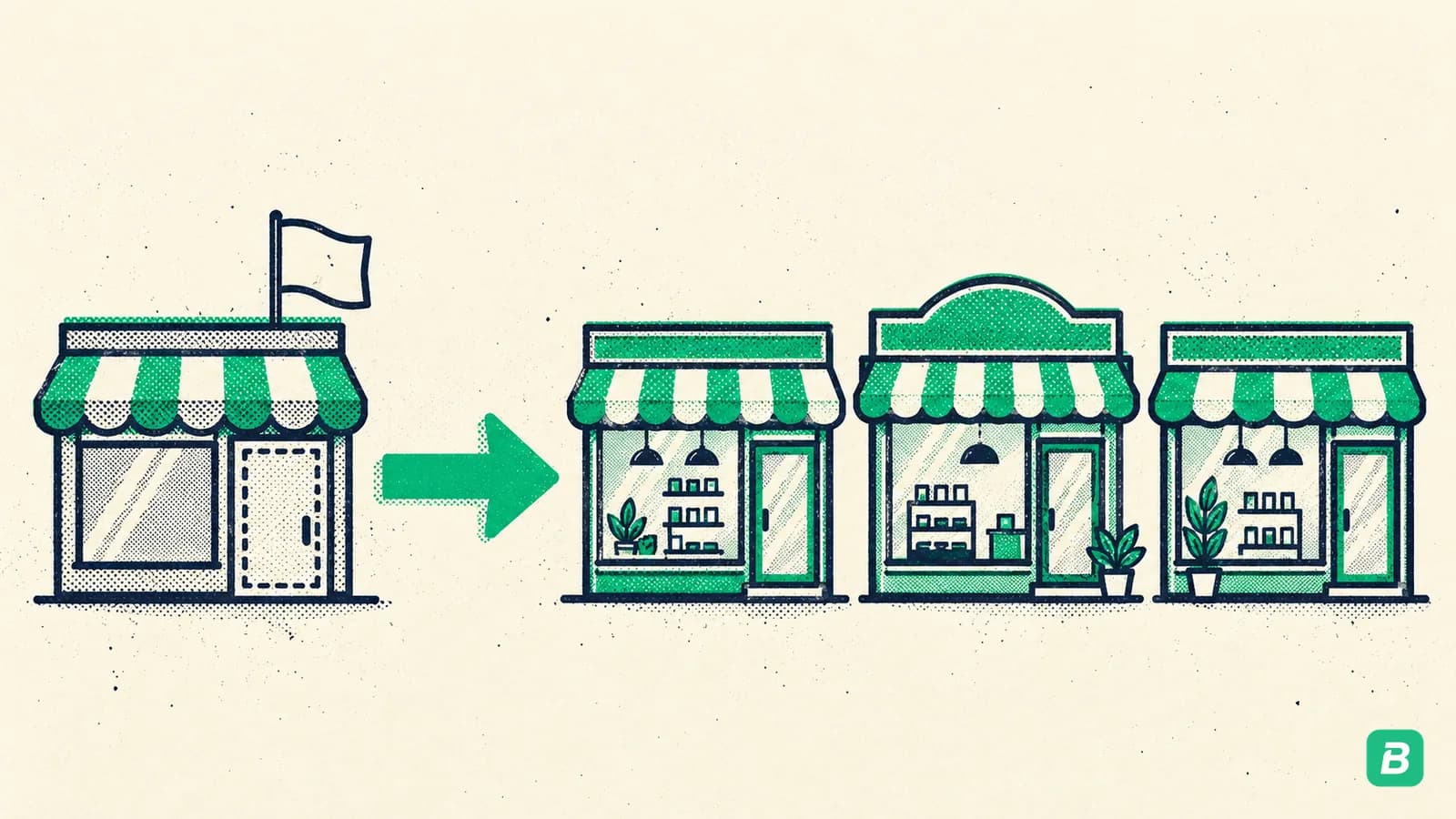 A closed shop front with an arrow to other open stores