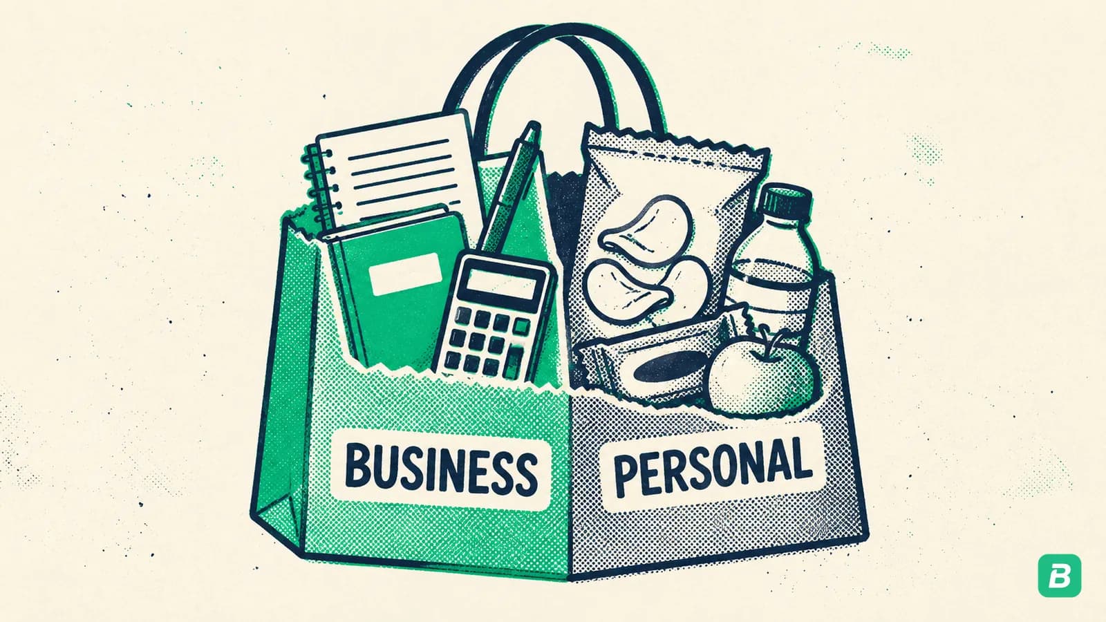 A shopping bag split between business supplies and personal items