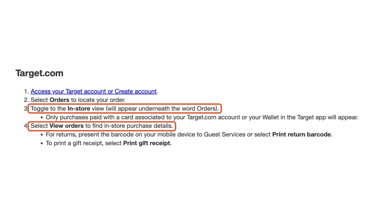 Target help steps for in-store purchases with the In-store toggle and View orders circled