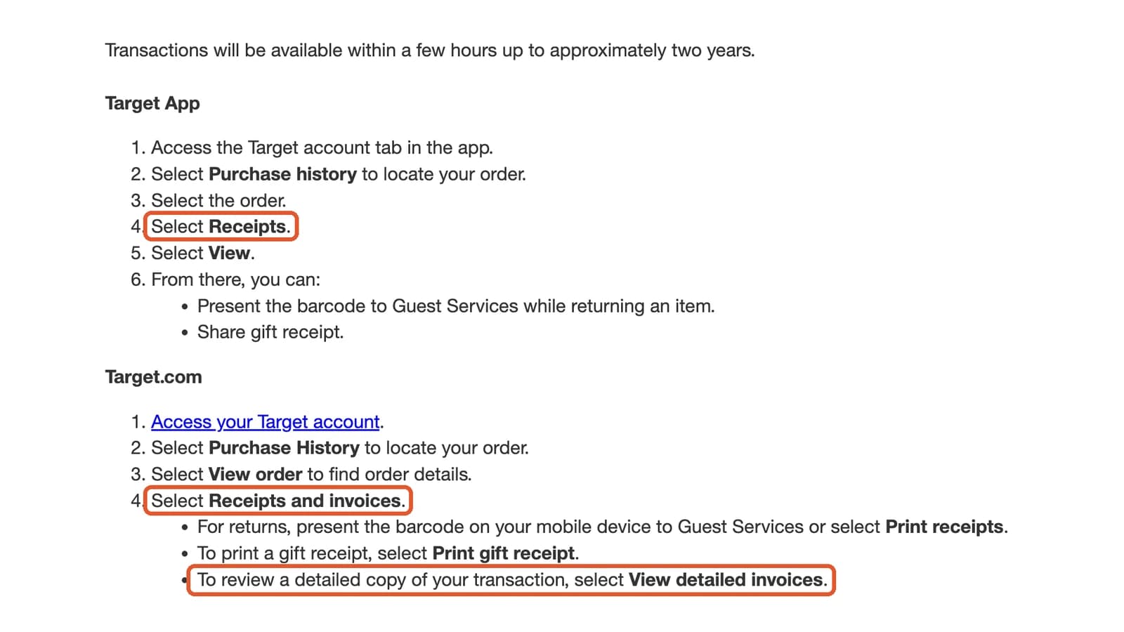 Target help article with the Receipts, Receipts and invoices, and View detailed invoices steps circled