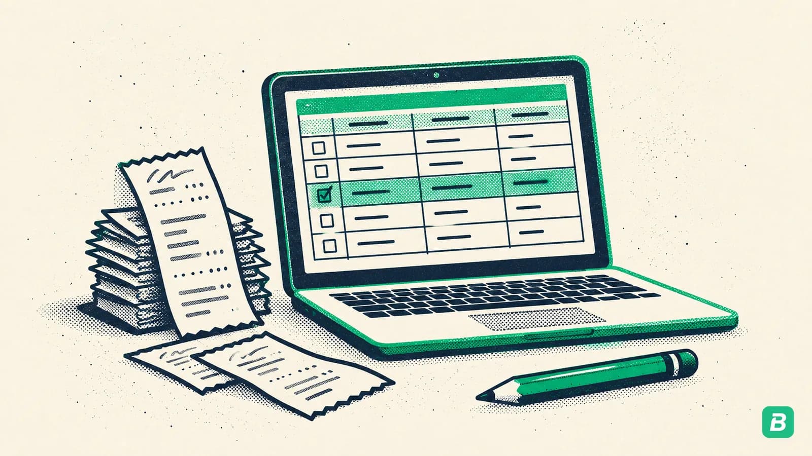 A spreadsheet log with a receipt pile waiting