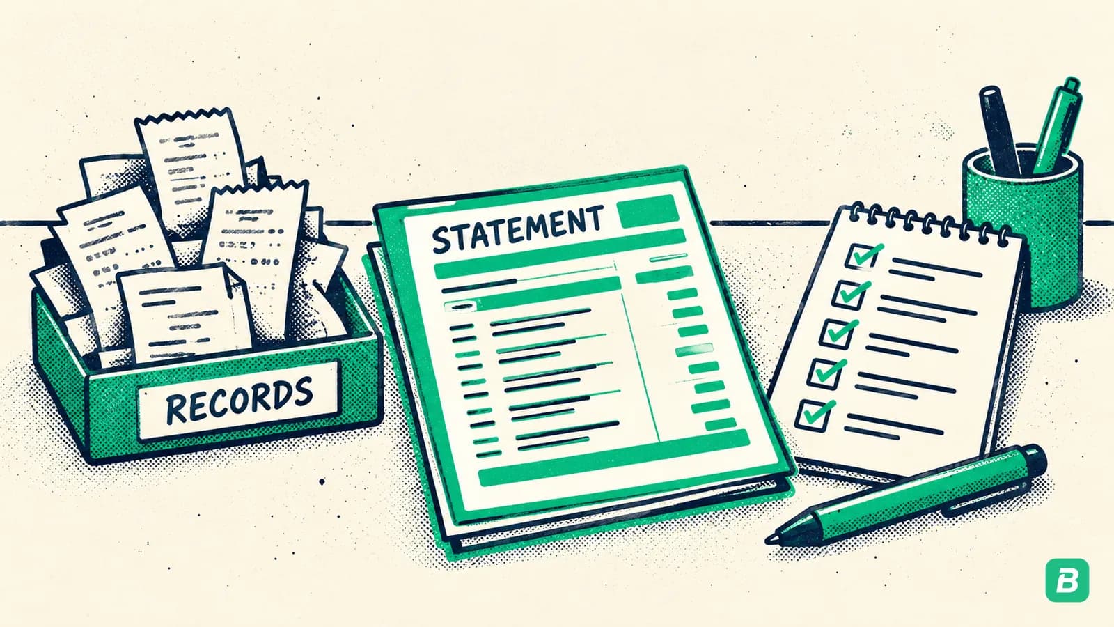 A desk with a statement, receipts and last month's checklist