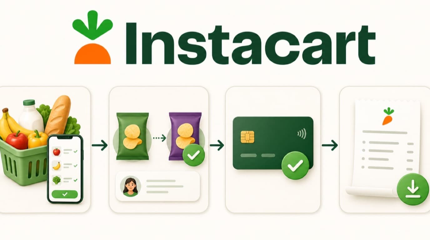 Sketch diagram showing an estimated Instacart cart changing through replacements into a final receipt, settled card charge, or refund