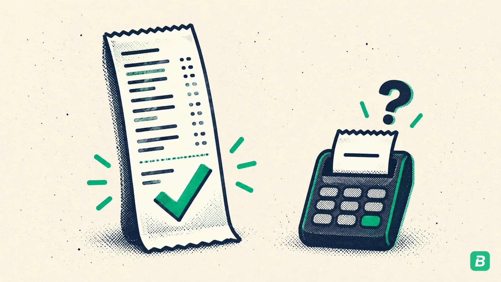 A tall receipt with many lines and a green check next to a tiny card slip with one line and a question mark