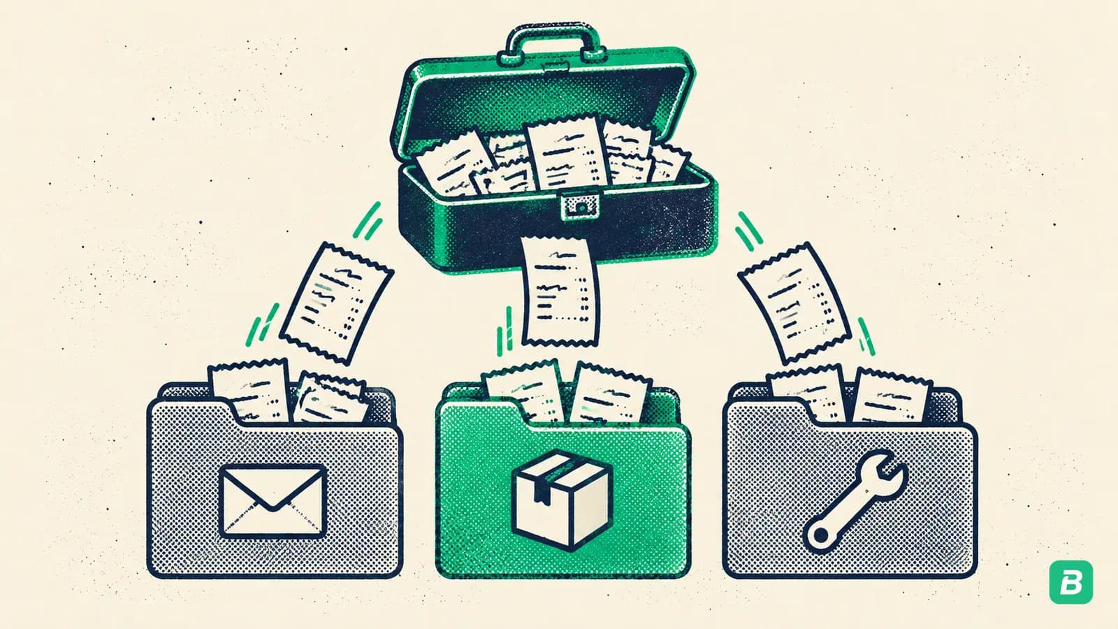 Receipts dropping from a cash box into three category folders