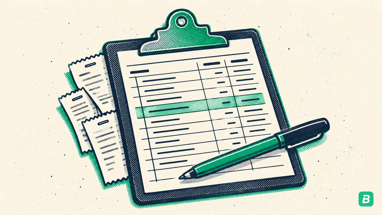 A clipboard log sheet with receipts stapled behind it