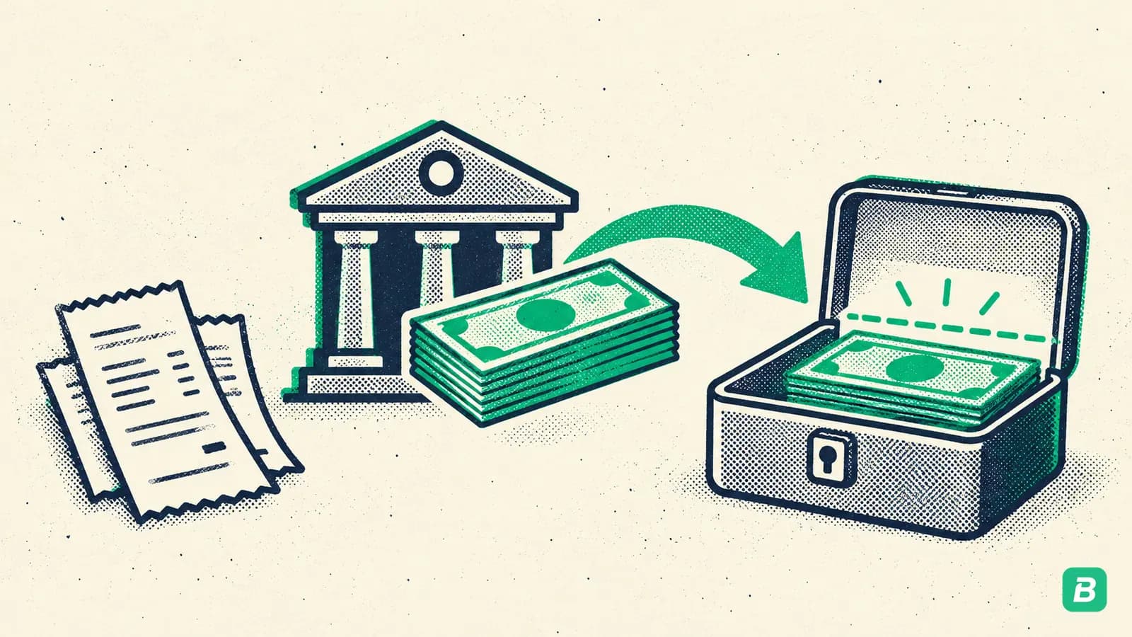 Bills moving from a bank into a cash box beside a stack of receipts