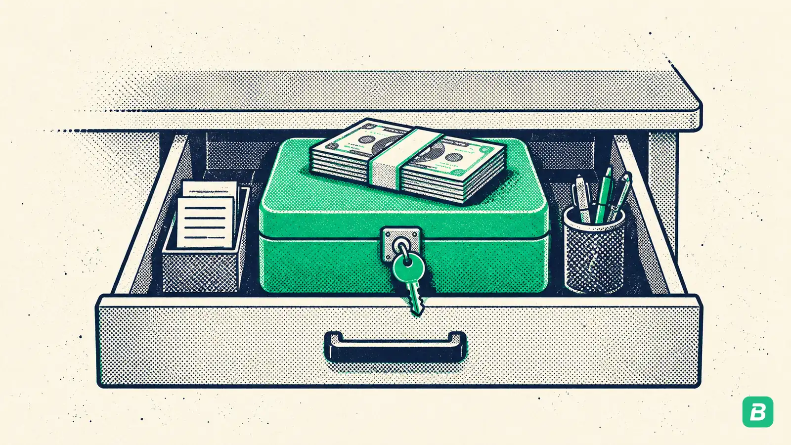 A locked cash box with one key, in a desk drawer