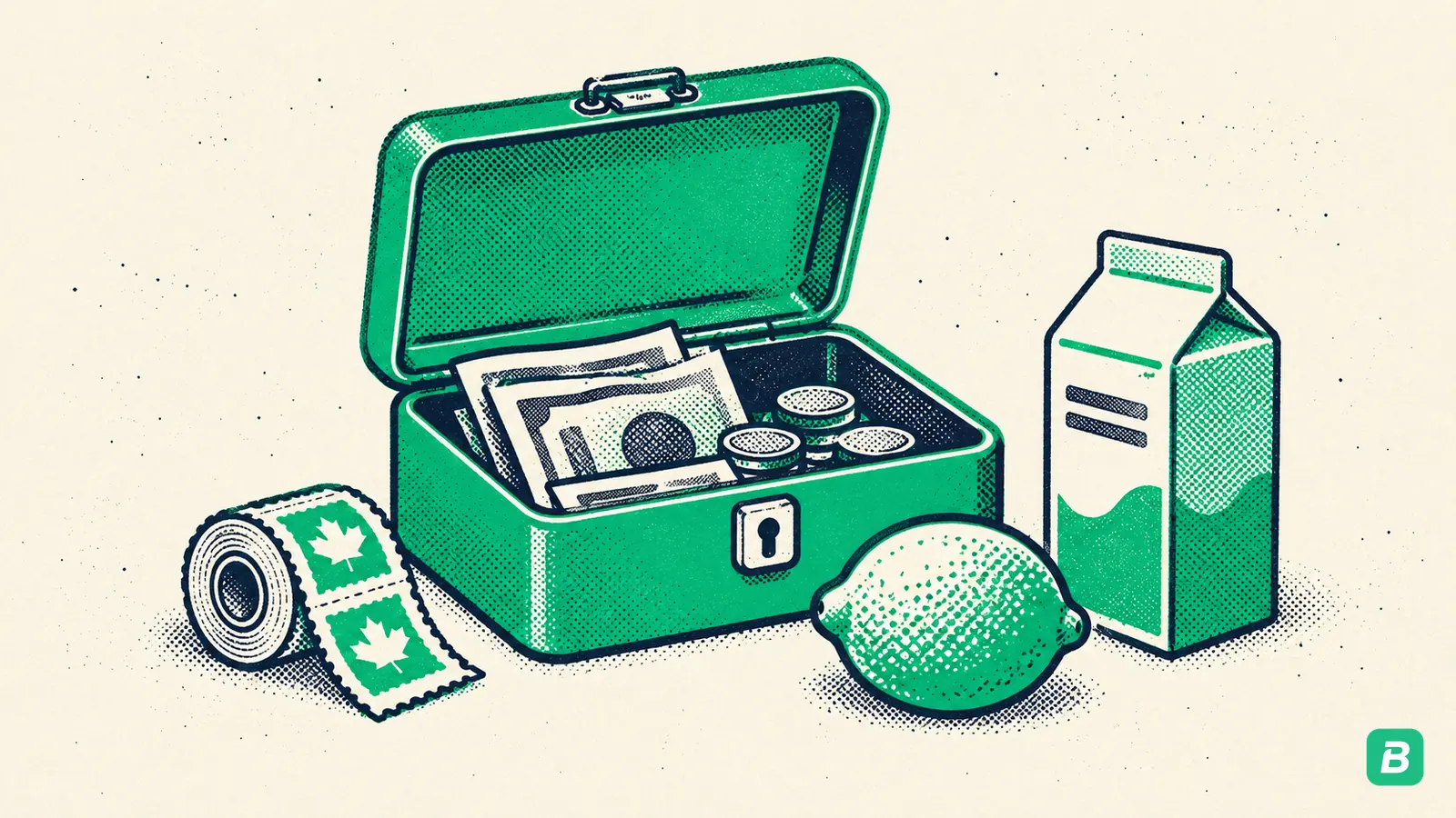 An open cash box beside stamps, a lemon and a milk carton