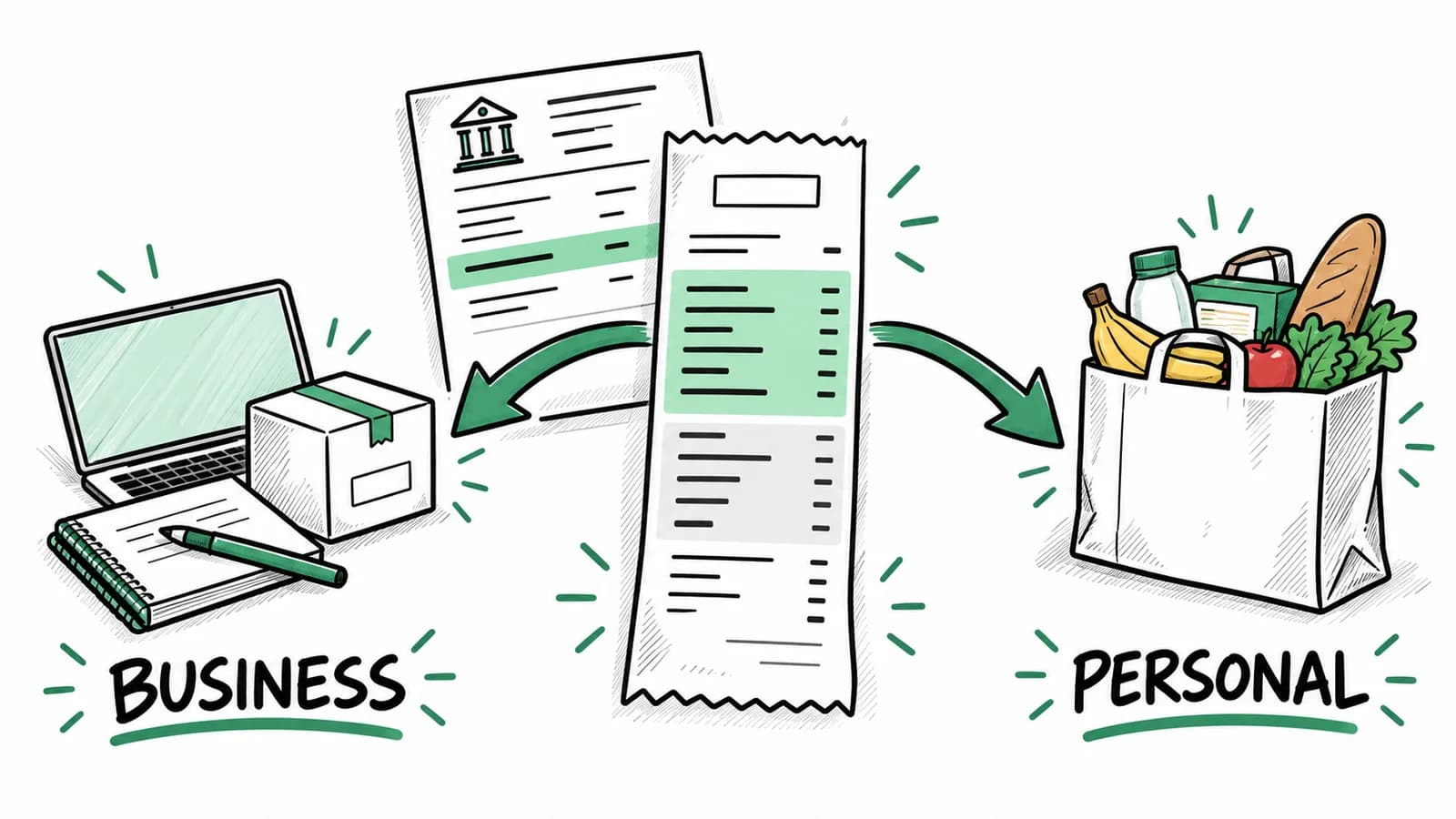 A complete receipt and statement payment alongside separate business materials and personal groceries.