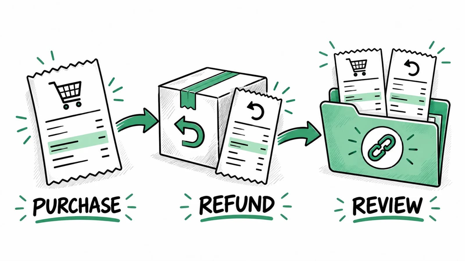 Purchase, refund, and review stages with the original purchase receipt and refund document kept together.
