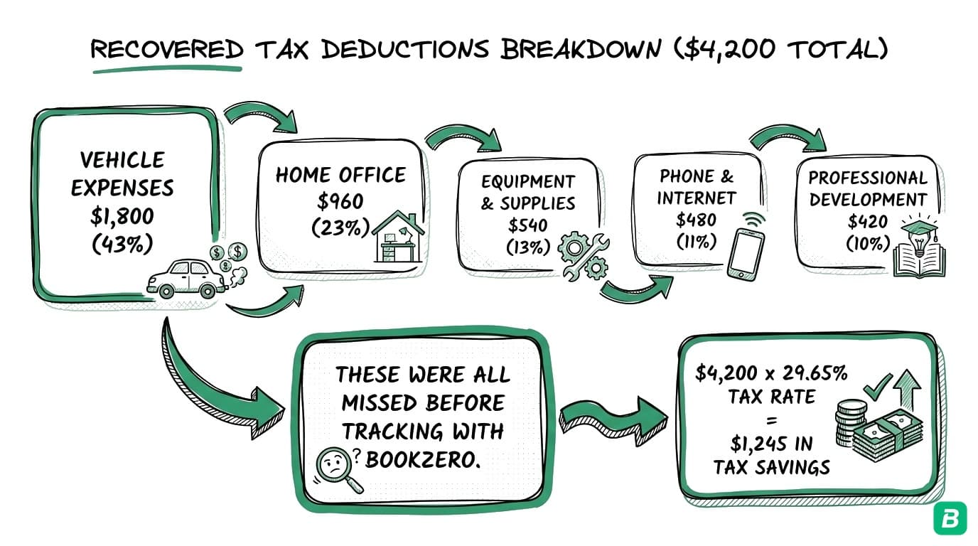 Recovered tax deductions breakdown showing $4,200 total across vehicle expenses, home office, equipment, phone, and professional development
