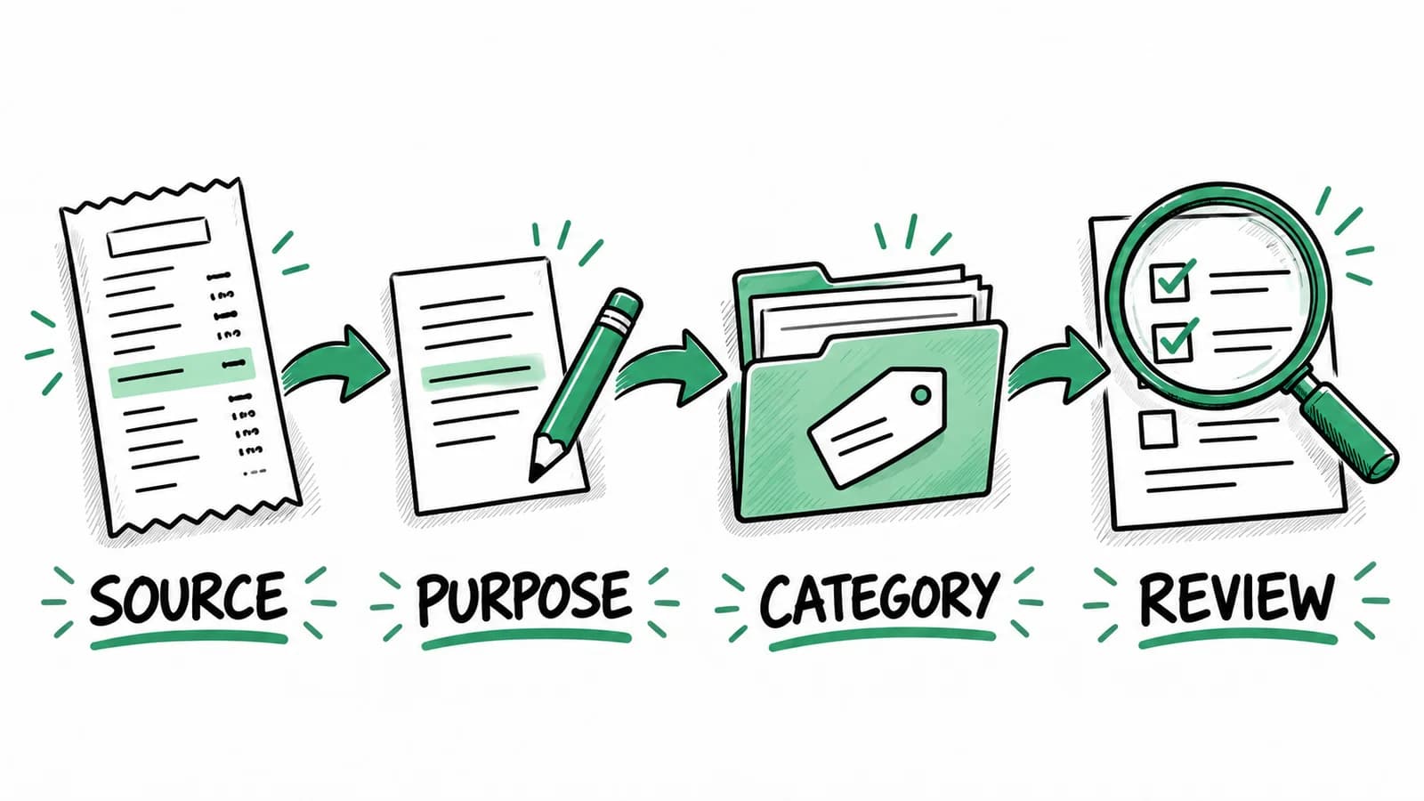 A bookkeeping record moves from its source document through business purpose and category selection to review.