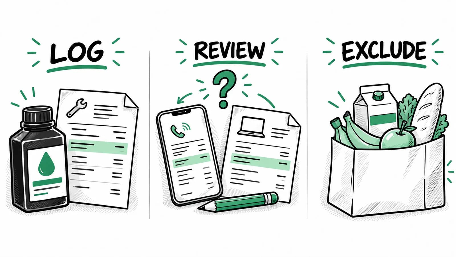 The fictional editor's records grouped as ink and contractor invoices to log, a phone bill and laptop to review, and personal groceries to exclude.