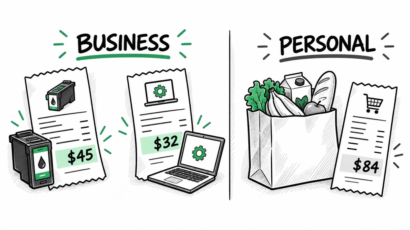 A fictional designer's purchases separated into business records for $45 printer ink and $32 software, and a personal $84 grocery purchase.