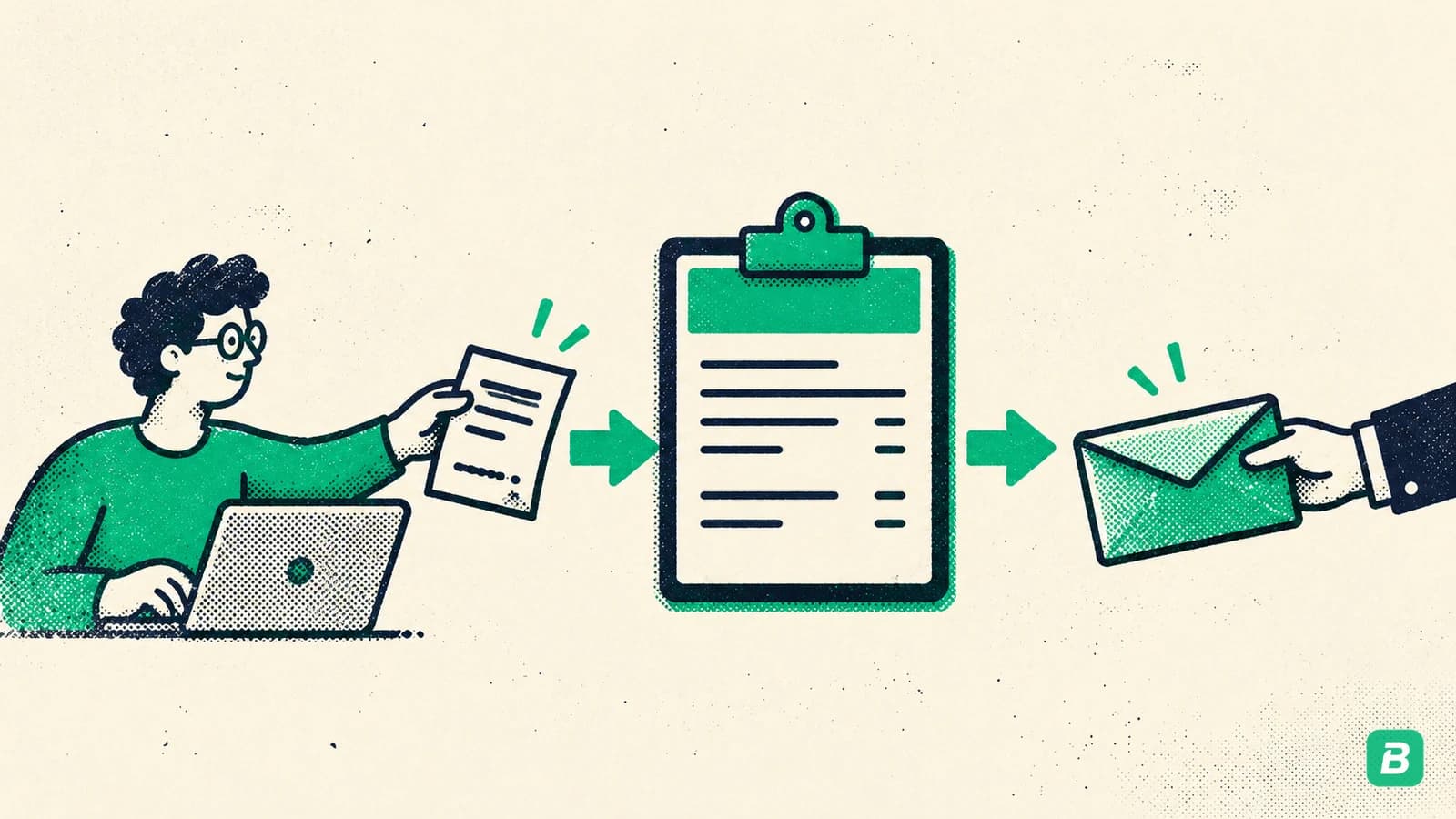 A freelancer handing over an invoice, an arrow to a clipboard form, then an arrow to a pay envelope