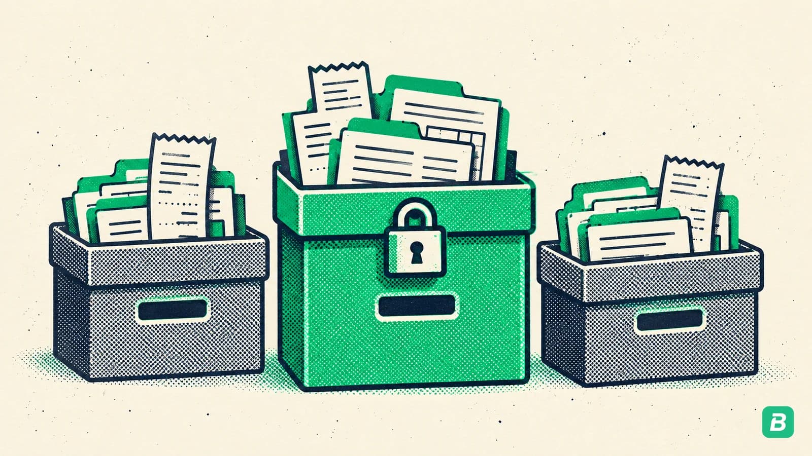 Three archive boxes of filed receipts and statements, the tallest in green with a padlock on its lid