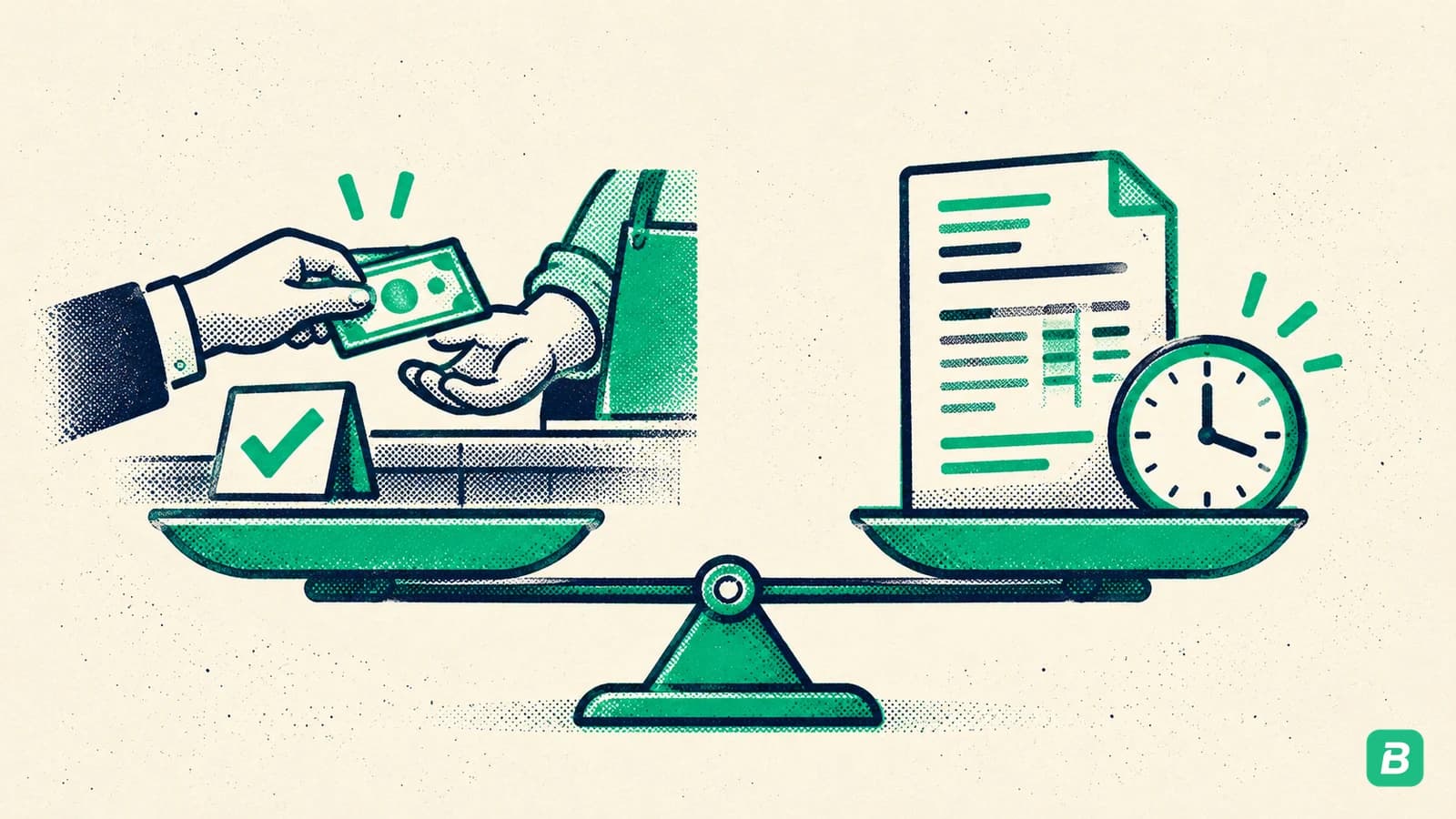 A balance with cash changing hands on one side and a paper invoice with a clock on the other