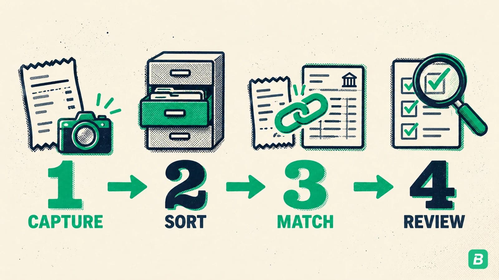 Four numbered steps joined by arrows: capture, sort, match, review